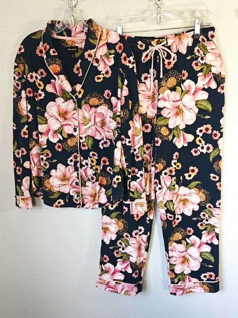 Room Service Size L Pajama Set Navy Blue Floral Notch Collar Pockets